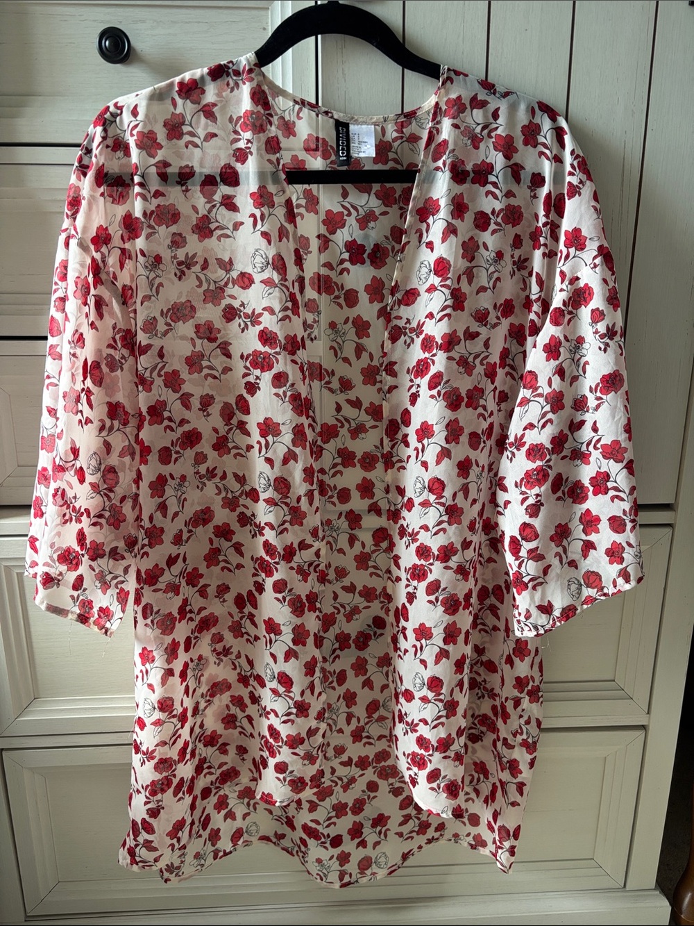 Divided Lightweight Floral Kimono with Red Rose Print